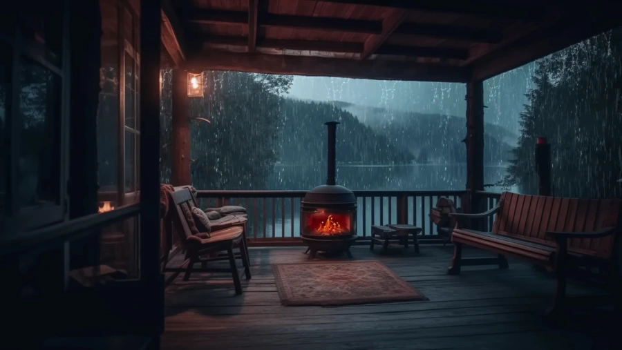 雨夜木屋露台，燃着炉火的壁炉居中，木椅长椅环绕，窗外雨雾山林湖景朦胧。