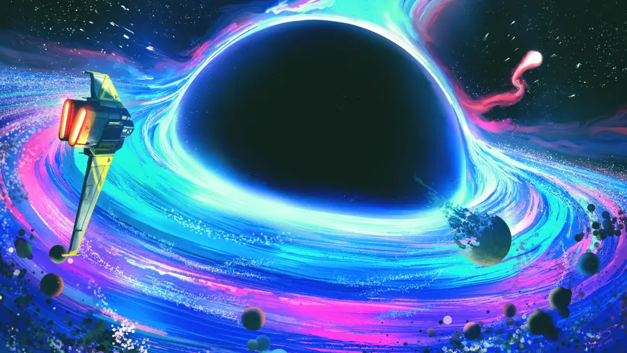 4k黑洞壁纸|飞船星云环绕背景图片 - 科幻宇宙「哲风壁纸」 黑洞被蓝紫青渐变吸积盘环绕,左侧悬浮科幻飞船,周边散布小行星。