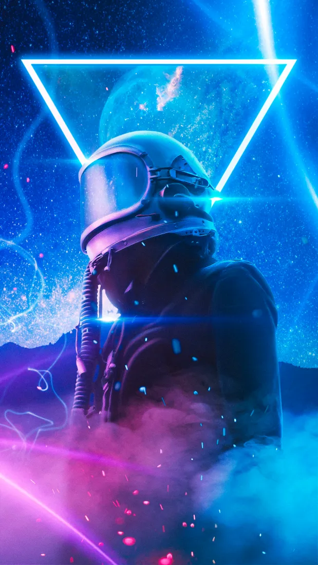 霓虹三角框下的宇航员置身蓝紫星云，周身环绕赛博霓虹光效。