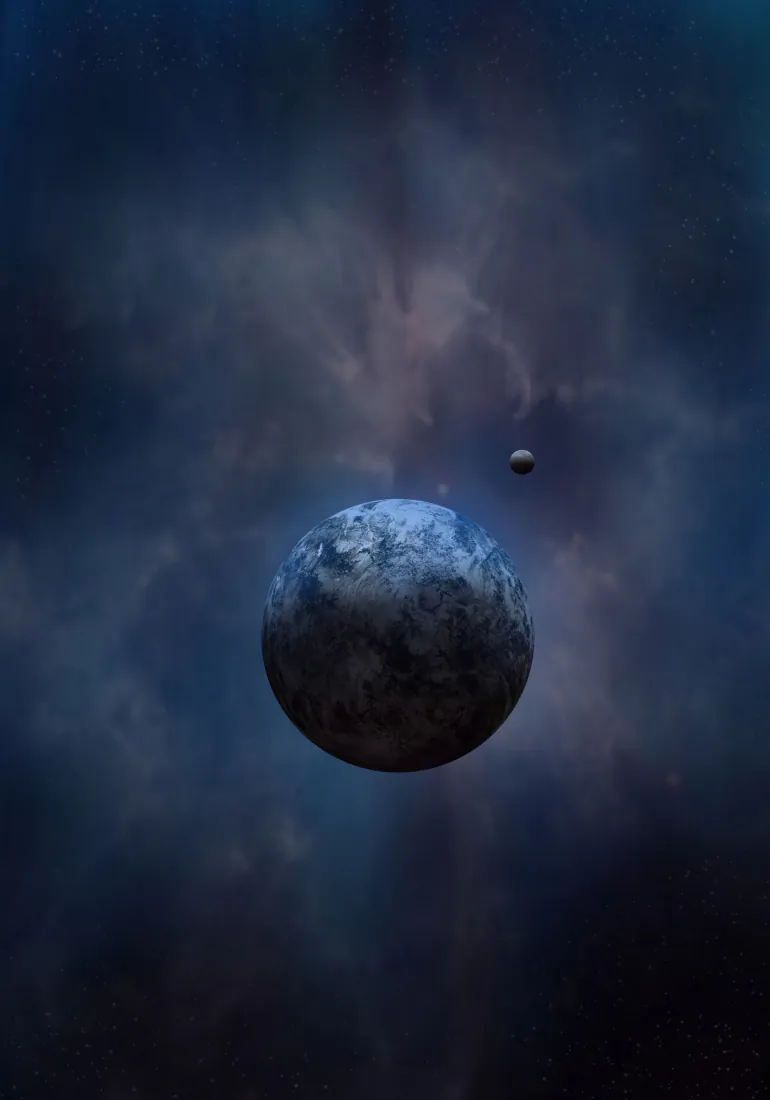暗蓝深空星云背景中，一颗半明半暗的行星悬浮，旁侧有一颗小型卫星。