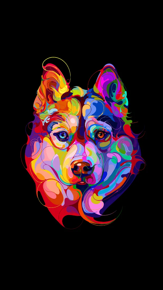 纯黑背景上的炫彩抽象色块拼接狼头正面肖像插画