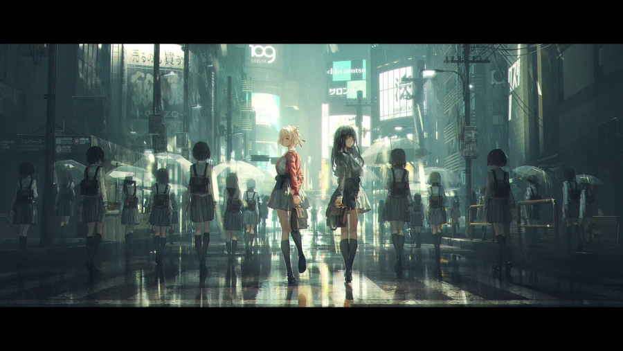 雨中城市街道，两名校服少女立于人群中央，地面湿滑反光，氛围朦胧静谧。