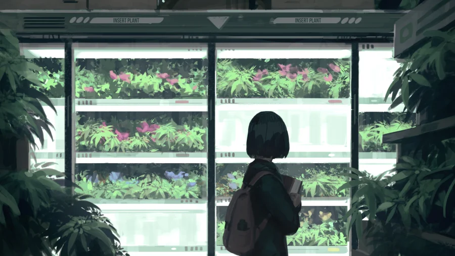 8k短发少女壁纸|室内植物培育柜背景图片 - 静谧治愈「哲风壁纸」 短发背包少女背对镜头,站在多层培育绿植花卉的玻璃柜前。