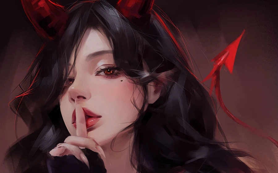 黑发尖耳恶魔少女特写，眼下方有痣，比出嘘手势，红角红尾点缀