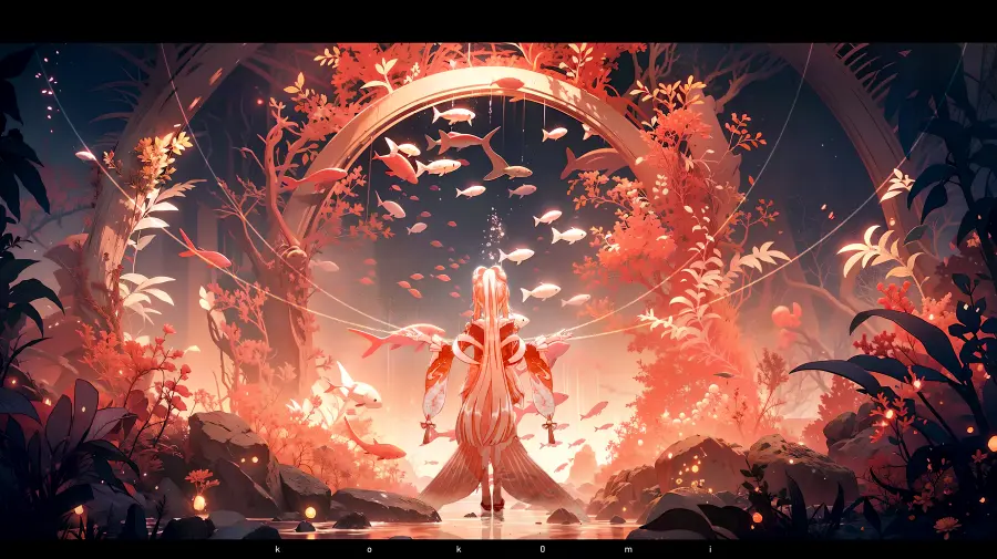 4k原神壁纸|红枫游鱼秘境背景图片 - 梦幻唯美「哲风壁纸」 粉发少女背身立于红枫环绕的水畔,群鱼在拱形光晕间浮游,暖光氤氲梦幻。