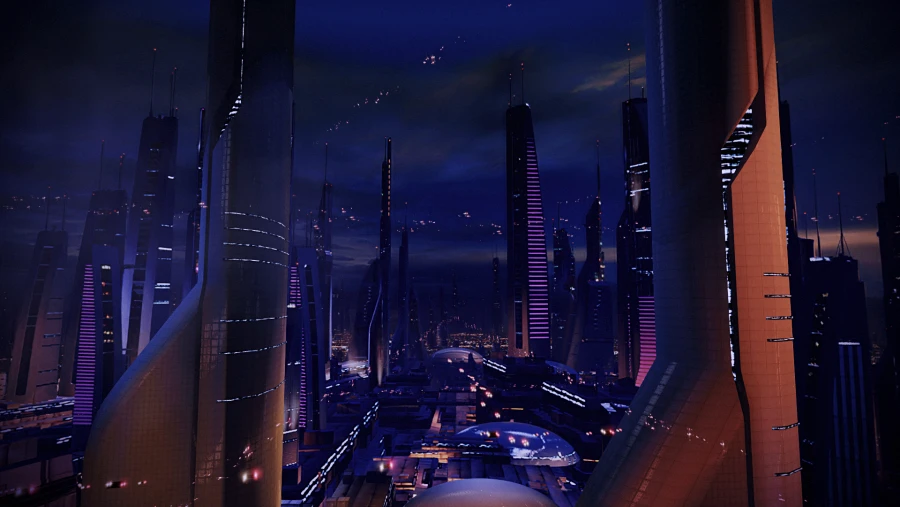 夜晚未来都市天际线，林立的科幻摩天楼点缀蓝紫与暖橙灯光