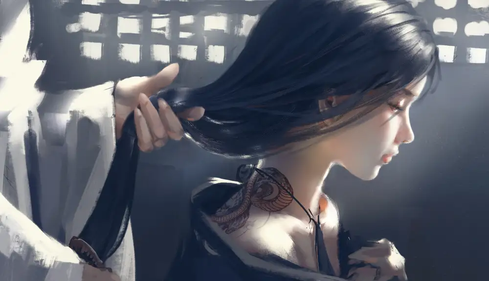 古风黑衣长发少女侧脸，身后有人轻握其发丝，窗格光影洒落肩头。
