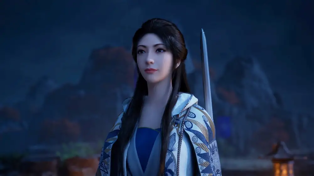 暗夜山景中，持剑古装仙侠少女南宫婉立于画面中央，背景朦胧。