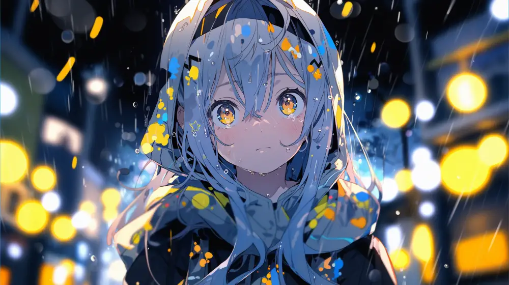 雨夜街头，蓝发黄瞳二次元少女身着连帽衫，背景是虚化的暖黄色街灯光斑。