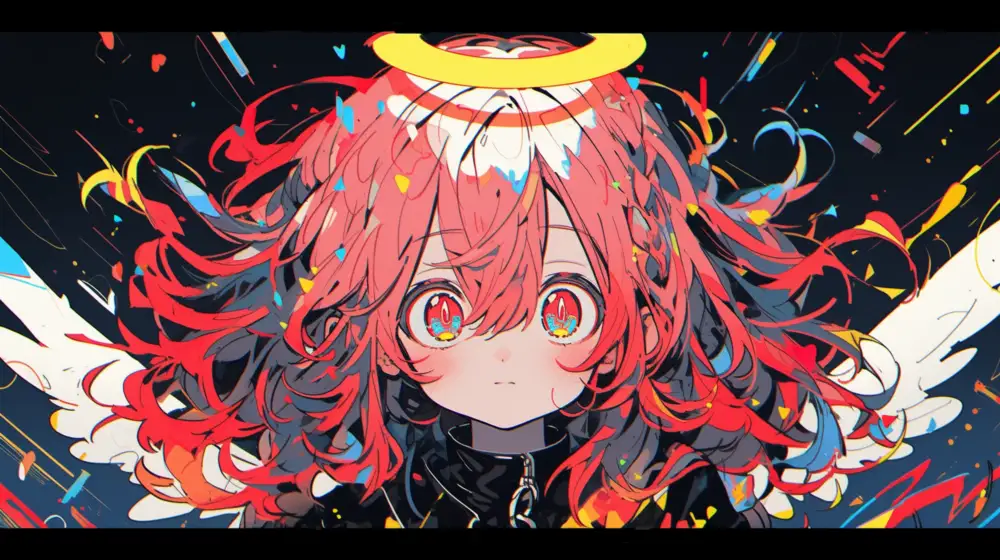 4k红发天使少女壁纸｜霓虹彩屑黑底背景图片 - 二次元插画「哲风壁纸」
