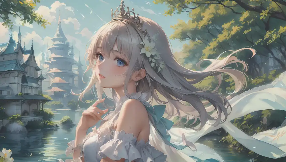 银发戴皇冠的二次元少女立于湖畔，背景是林间城堡与蓝天白云。