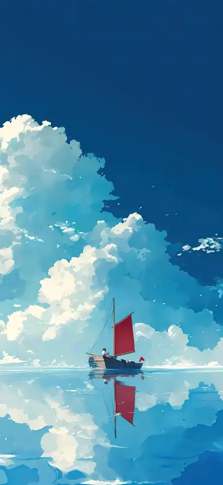 澄澈蓝天碧海间，红帆孤舟静浮水面，云影倒映，氛围宁静治愈。