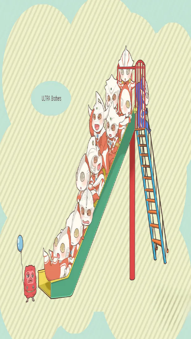 Q版奥特曼们排成一列依次滑绿色滑梯，旁有举气球的红色小卡通角色。