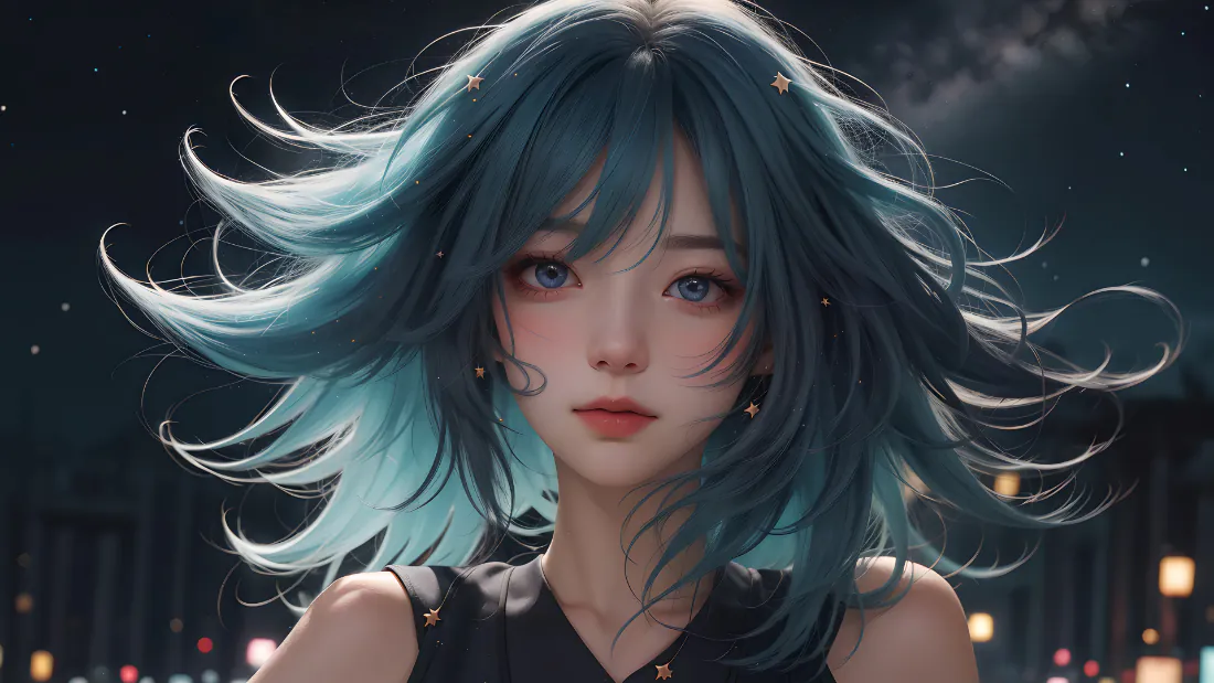 2k蓝发少女壁纸|星空夜景城市背景图片 - 梦幻唯美「哲风壁纸」 蓝发少女半身特写,发丝随风飘动,背景为虚化的星空夜景与城市灯光。