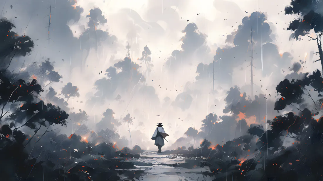 3k武侠水墨壁纸｜烟雨林间独行侠客背景图片 - 国风写意「哲风壁纸」