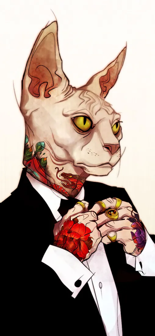 拟人化斯芬克斯猫身着黑色西装，颈部与手部带有彩色纹身，佩戴多枚金戒指。