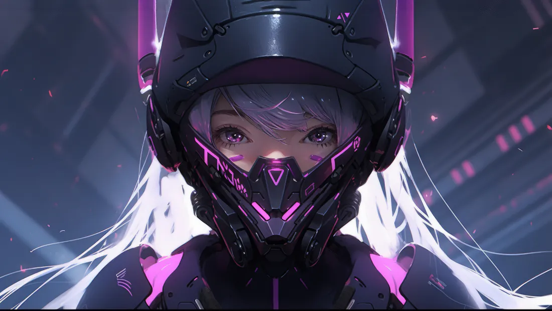 白发二次元少女佩戴黑紫机甲头盔与面罩，霓虹点缀赛博科幻空间