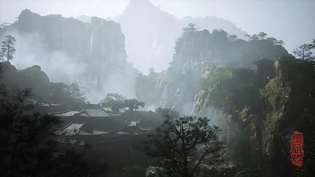 雾气笼罩的水墨风山间峡谷，崖壁古松掩映着中式古寺建筑群