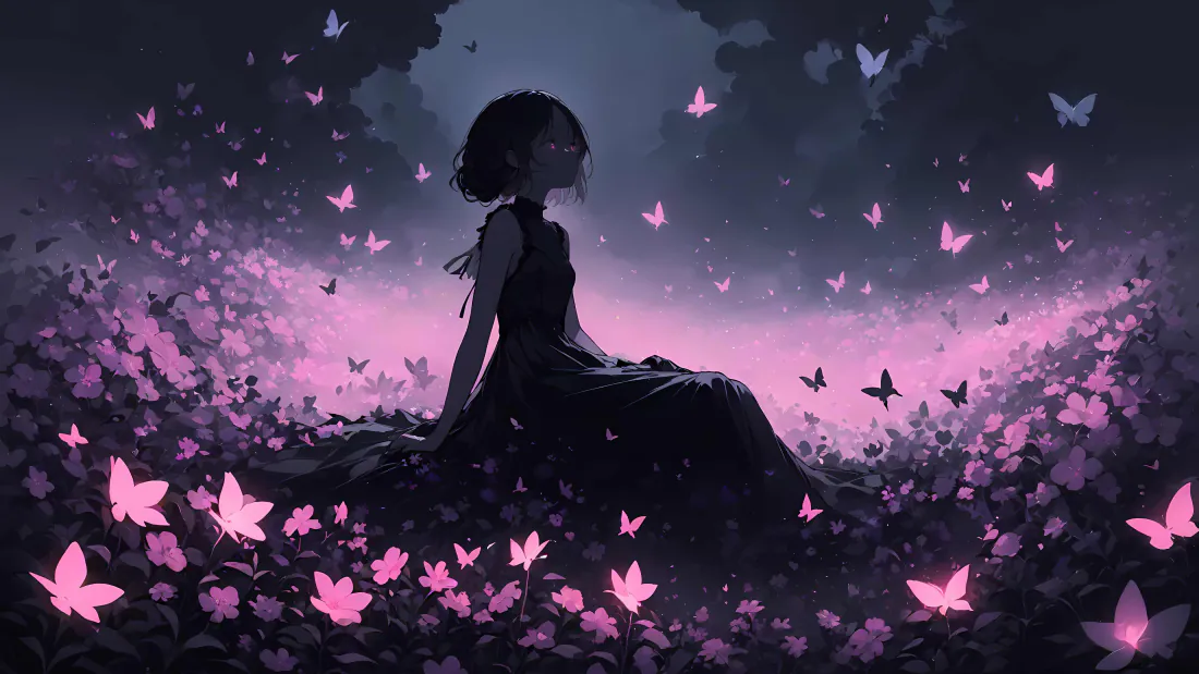 4k蝴蝶少女壁纸|粉紫花林夜色背景图片 - 梦幻插画「哲风壁纸」 暗调花林中,黑裙少女剪影静坐,周身环绕发光粉紫蝴蝶。
