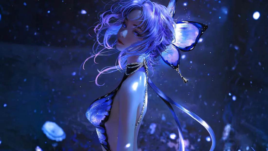 蓝紫短发狐耳少女置身幽蓝星空水母环境，梦幻唯美
