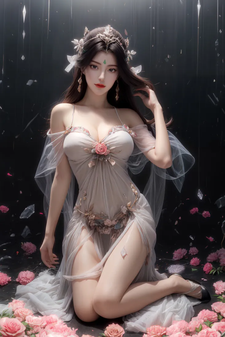 暗黑背景中，身着浅灰纱裙的柳神跪坐于散落的粉色玫瑰间，仙气缥缈。