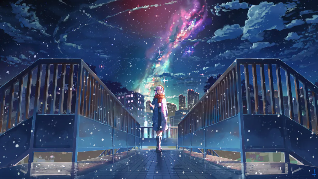 4k星空少女壁纸|天桥银河夜景背景图片 - 梦幻治愈「哲风壁纸」 动漫少女站在天桥上,仰望绚烂银河星空,远处是城市夜景。