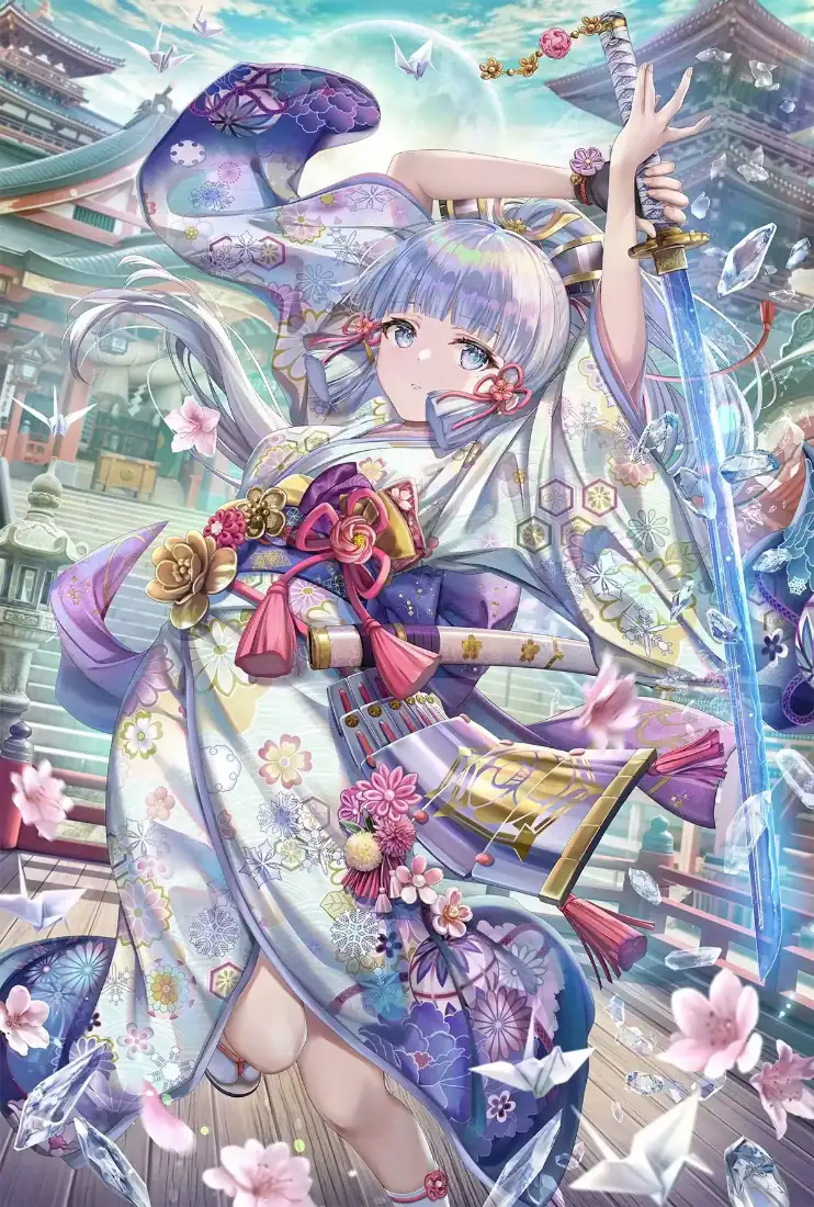神里绫华身着华丽和风和服，持冰蓝色武士刀立于日式庭院，樱花与纸鹤环绕。
