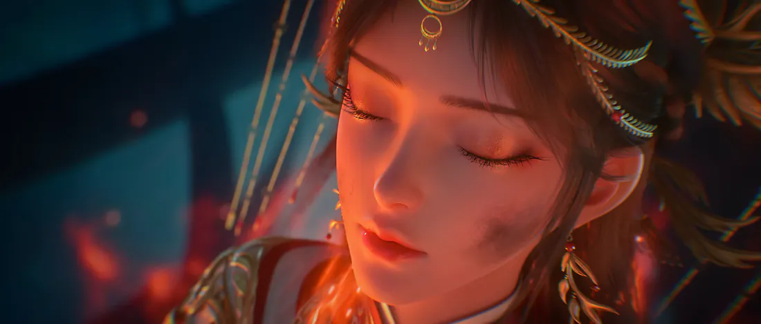 4k火灵儿壁纸|完美世界古风女子背景图片 - 唯美梦幻「哲风壁纸」 火灵儿闭眼特写,暖橙光线打在面部,头戴金色流苏发饰,背景蓝调虚化。