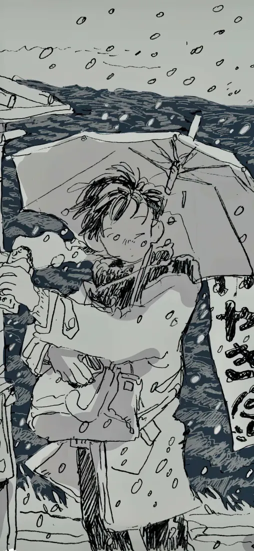 黑白手绘漫画风，撑伞少年在雨中站立，身着风衣挎着包。