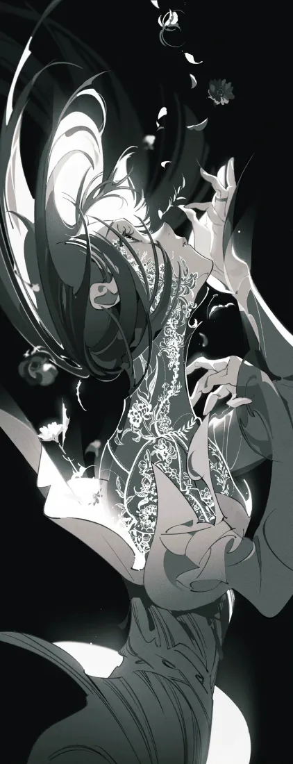 黑白手绘插画，暗黑长发女性，花瓣飘落，高对比光影，氛围感强烈