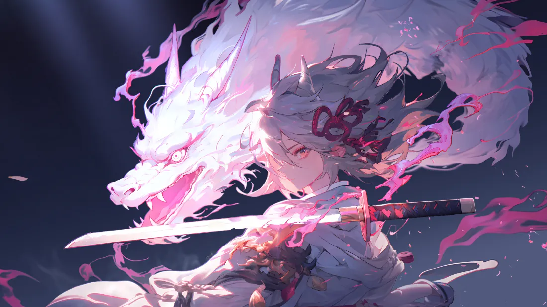 2k粉龙少女壁纸｜龙与持剑少女背景图片 - 梦幻二次元风「哲风壁纸」