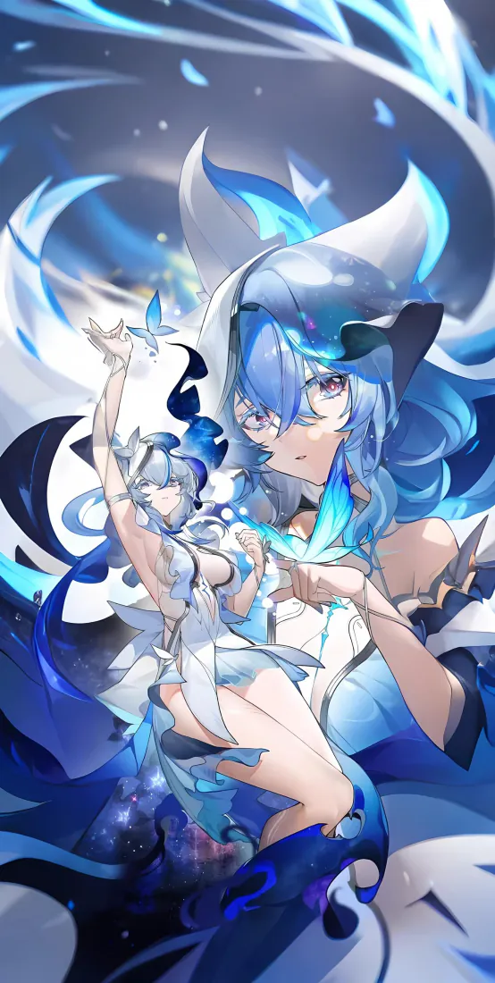 蓝发二次元少女身着蓝白服饰，置身流动蓝白能量与星空氛围中。