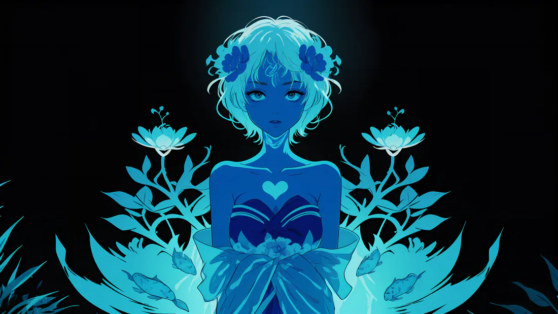 4k蓝调少女壁纸｜荧光花卉少女背景图片 - 梦幻二次元「哲风壁纸」
