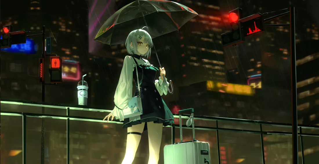 雨夜霓虹都市天台，撑透明伞的短发少女倚栏而立，旁置行李箱与饮品杯。