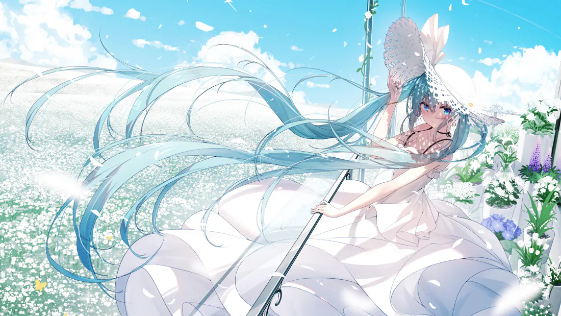 蓝发初音未来身着白裙持大提琴，立于花田与蓝天白云下。