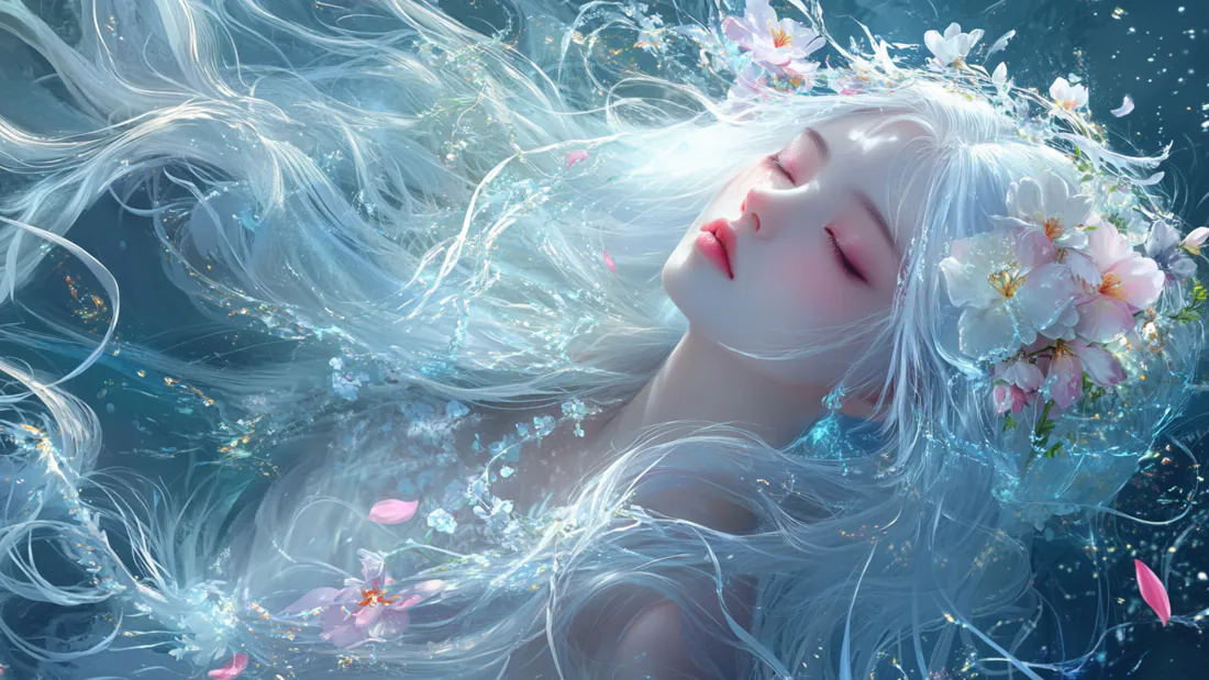 4k银发少女壁纸|水中花仙少女背景图片 - 梦幻唯美「哲风壁纸」 银发少女闭眼浮于水中,长发如水流舒展,发间点缀粉白花朵,花瓣漂浮。