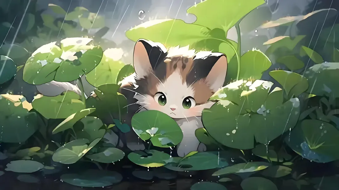 雨天里一只三花猫躲在茂密的圆形绿植叶片间，眼神懵懂可爱。