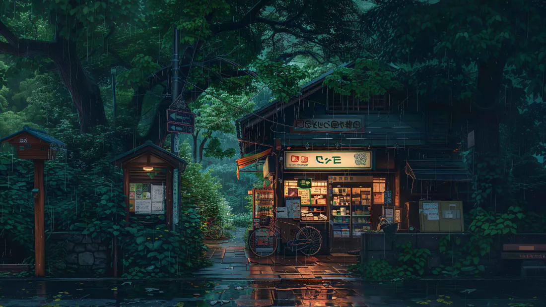 雨天林间的日式小店，暖黄灯光透过橱窗，湿润路面倒映树影与灯光。