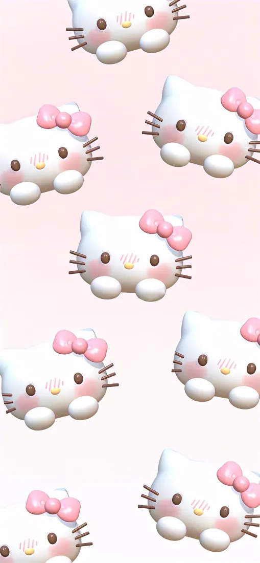 浅粉色背景上错落排布多个3D立体Hello Kitty卡通形象，整体软萌可爱