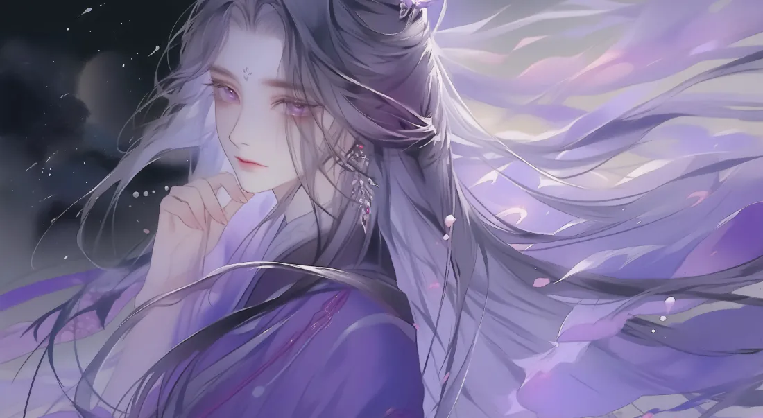 紫调古风女子插画，长发飘逸，手托脸颊，氛围梦幻空灵。