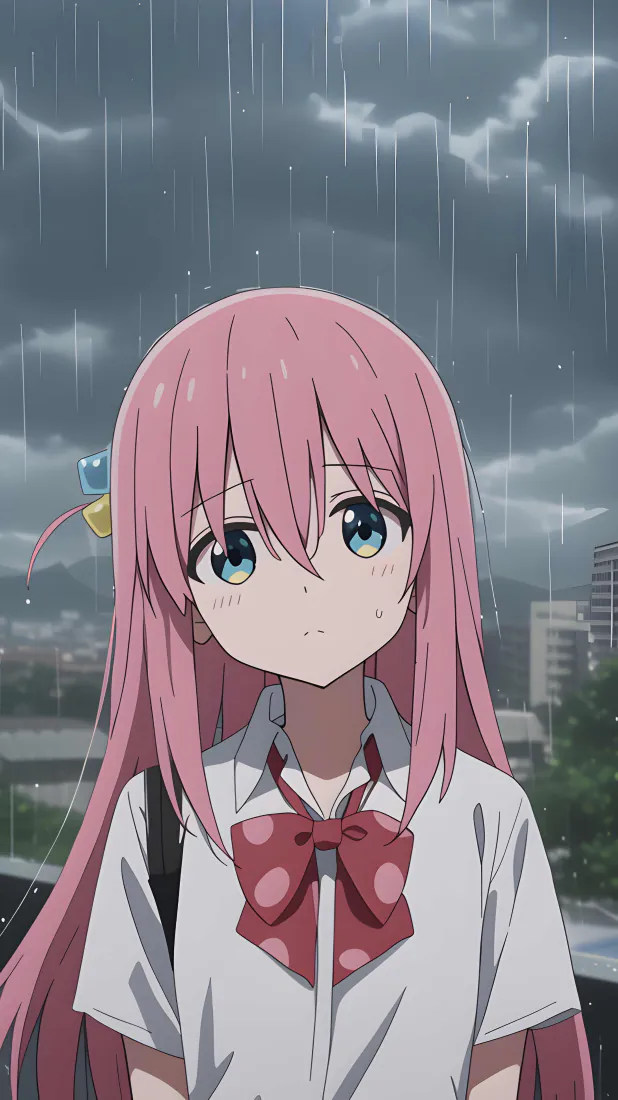 粉长发校服少女立于雨中，背景是阴云笼罩的模糊城市远景
