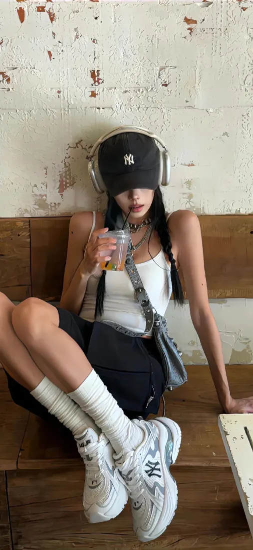 戴棒球帽与头戴式耳机的女生坐木质长椅，手持饮品，街头风穿搭。