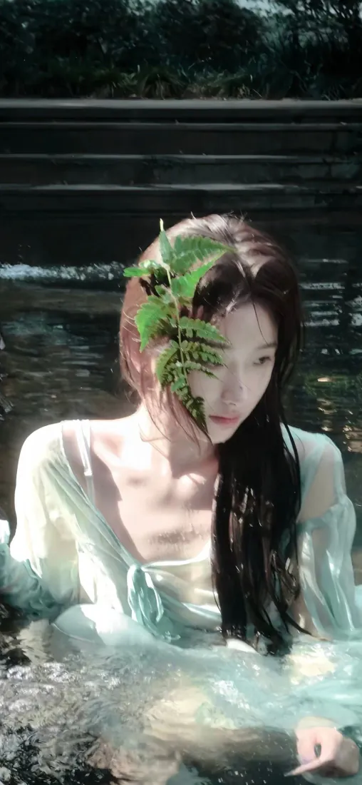 长发少女半身浸在林间清潭中，身着薄纱服饰，绿植轻遮半脸，自然光洒落水面。