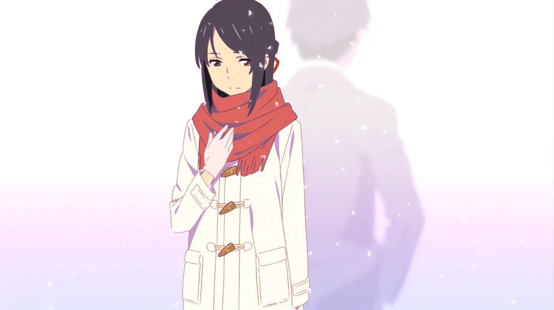 2k宫水三叶壁纸|冬日雪景少女背景图片 - 治愈温馨「哲风壁纸」 宫水三叶身着白色大衣、红围巾立于飘雪淡紫渐变背景中,身后有半透明人影。