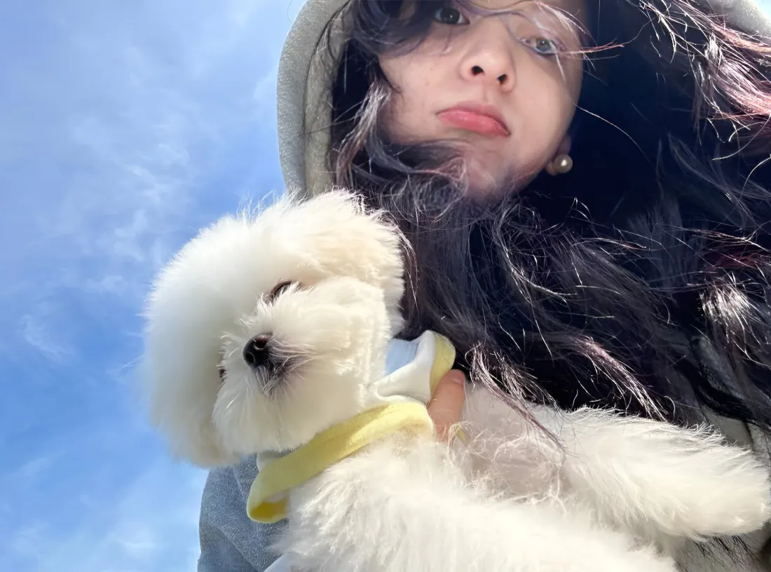 低角度仰拍，长发女生穿连帽卫衣怀抱白色小狗，背景是晴朗蓝天