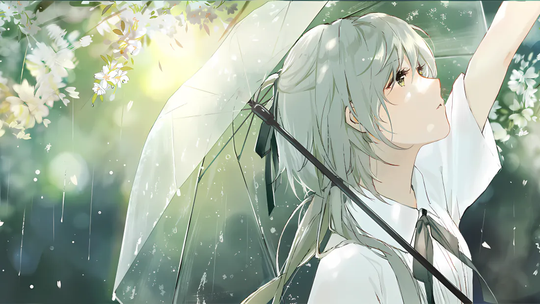 4k持伞少女壁纸｜雨天林间花树背景图片 - 清新治愈「哲风壁纸」