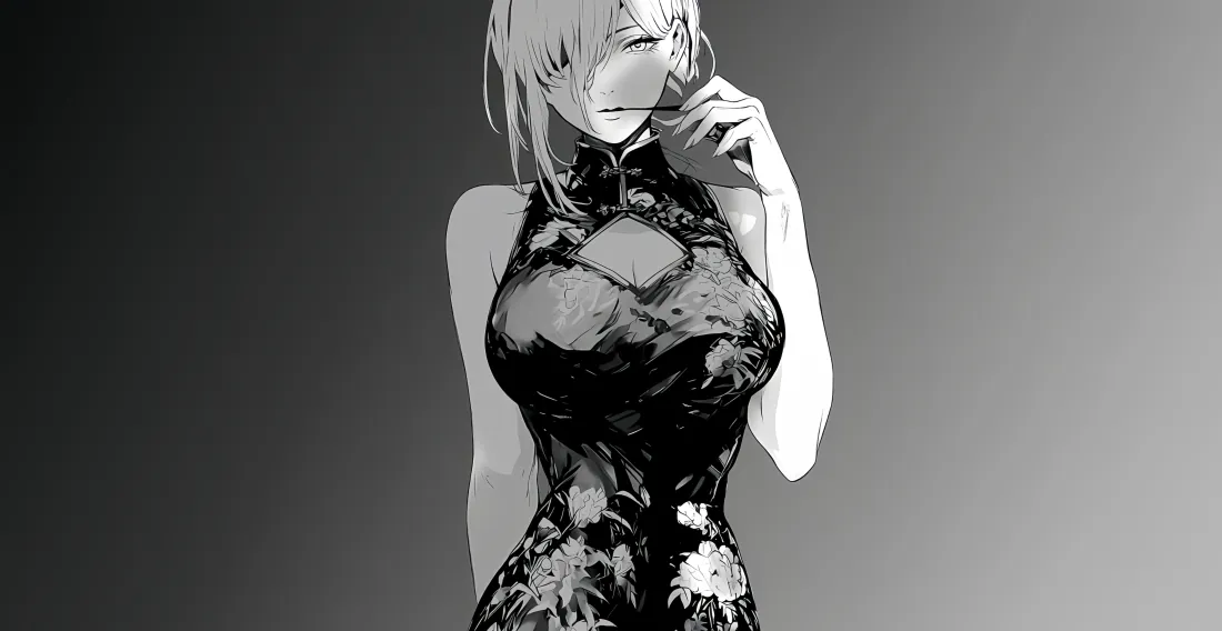 黑白二次元插画，短发少女身着印花露肩旗袍，姿态慵懒，背景为渐变灰。