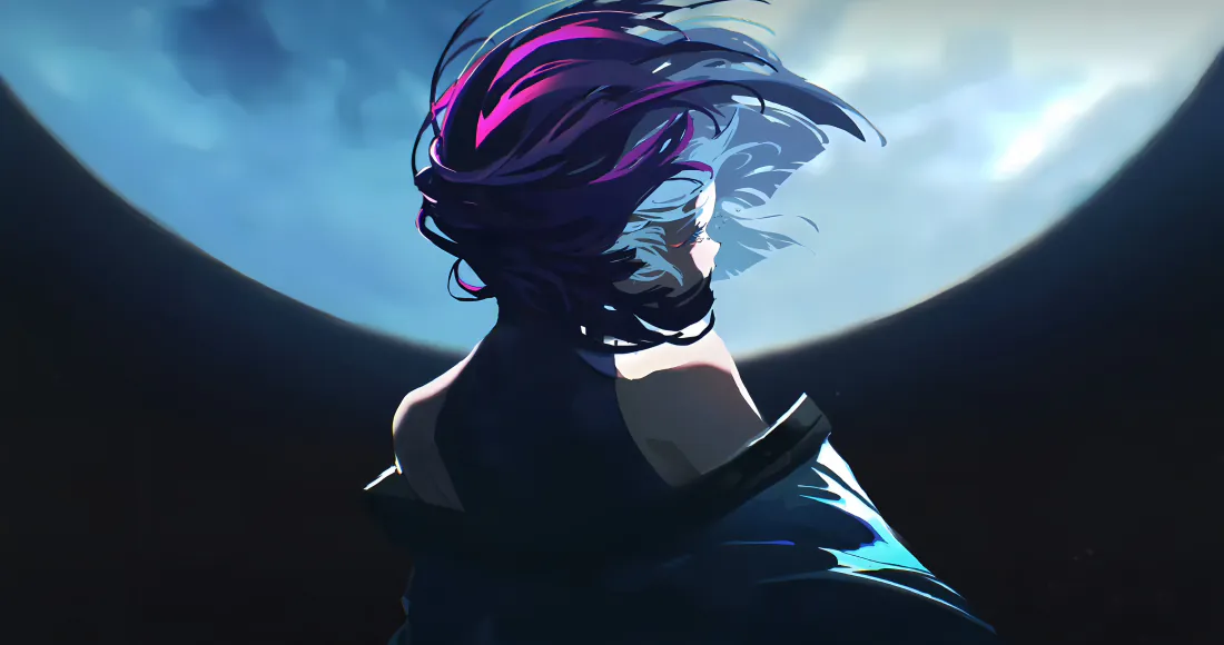 5k月下少女壁纸|紫发少女月夜背景图片 - 赛博朋克风「哲风壁纸」 紫发露肩少女背对镜头立于巨大满月前,发丝被风吹起,暗调赛博朋克氛围。