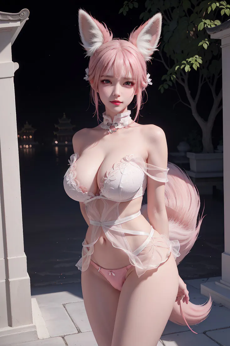粉发狐耳狐尾少女身着白色蕾丝内衣，立于夜晚中式庭院石柱间。