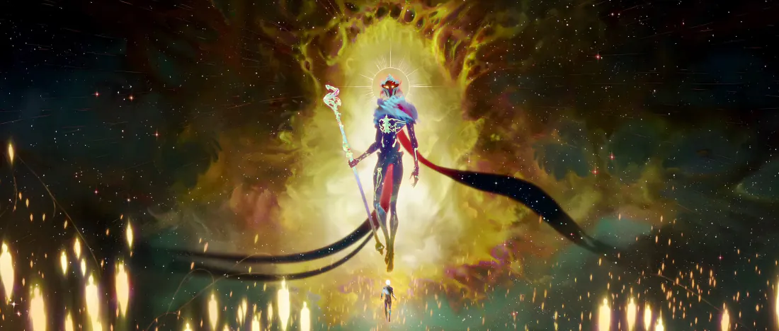 维克托悬浮于金色圣光中，手持法杖，周身环绕星尘粒子与黑色飘带。